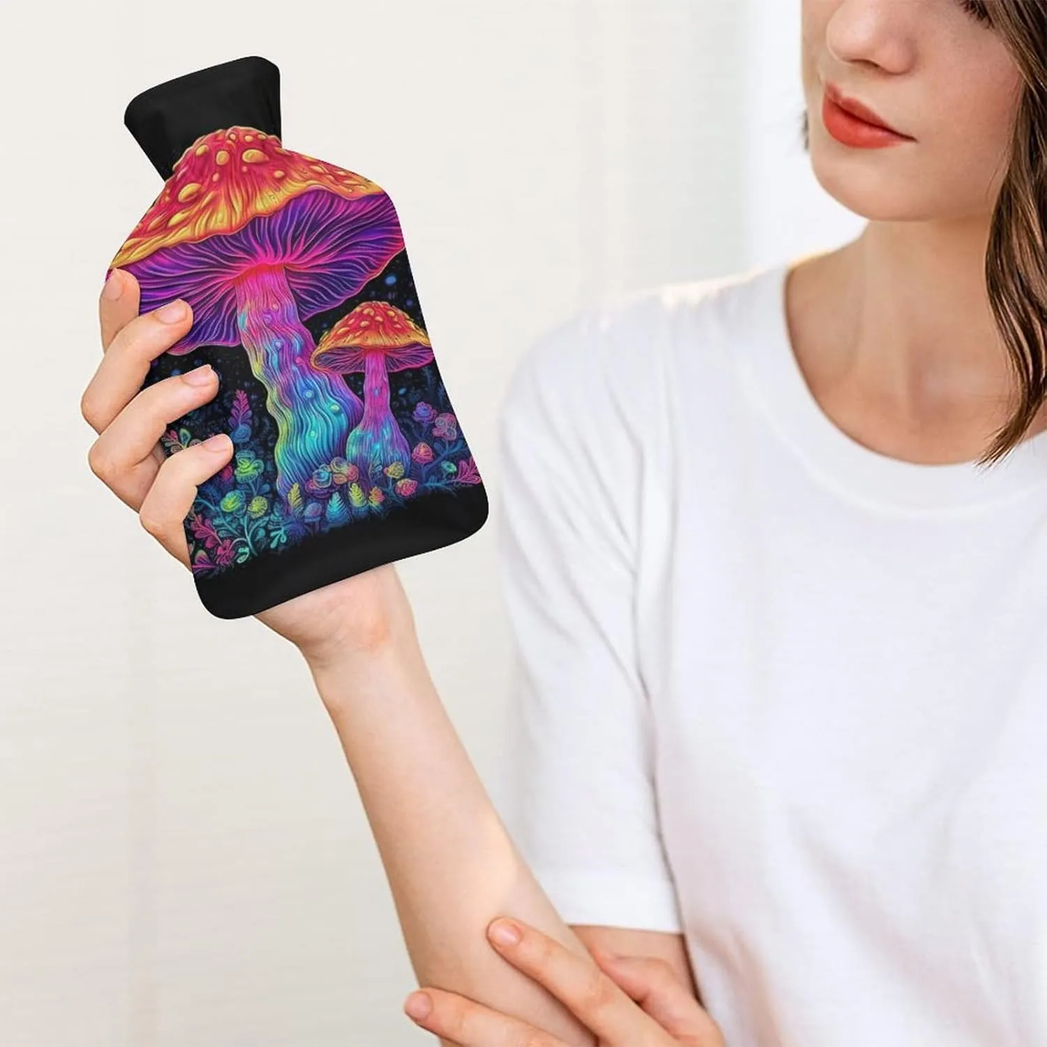 Hot Water Bottle with Soft Cover, Trippy Mushroom 1L Warm Water Bag for Menstrual Cramps, Fungus Neck and Shoulder Pain Relief, Ideal for Hand & Feet Warmer for Kids, Men & Women, Hot & Cold Compress