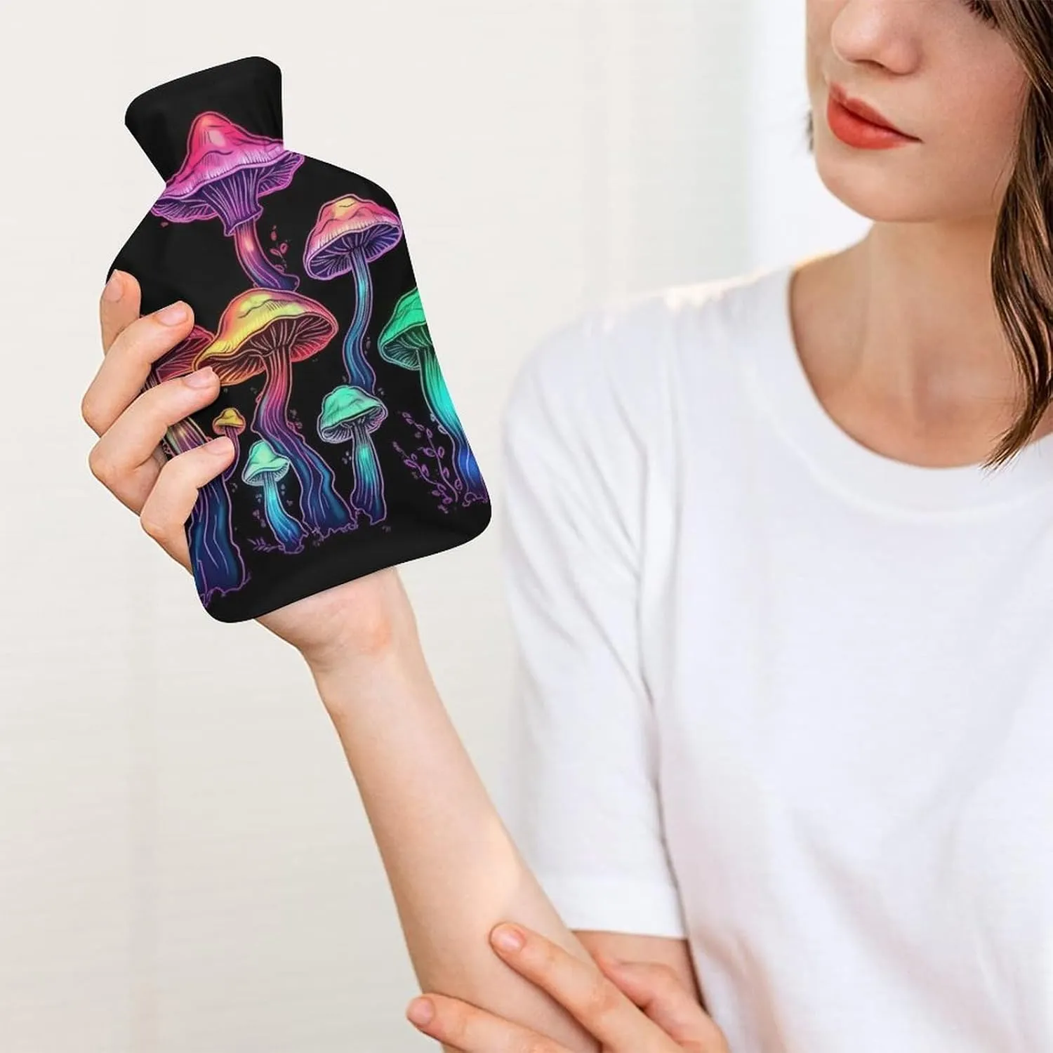 Hot Water Bottle with Soft Cover, Trippy Mushroom 1L Warm Water Bag for Menstrual Cramps, Fungus Neck and Shoulder Pain Relief, Ideal for Hand & Feet Warmer for Kids, Men & Women, Hot & Cold Compress