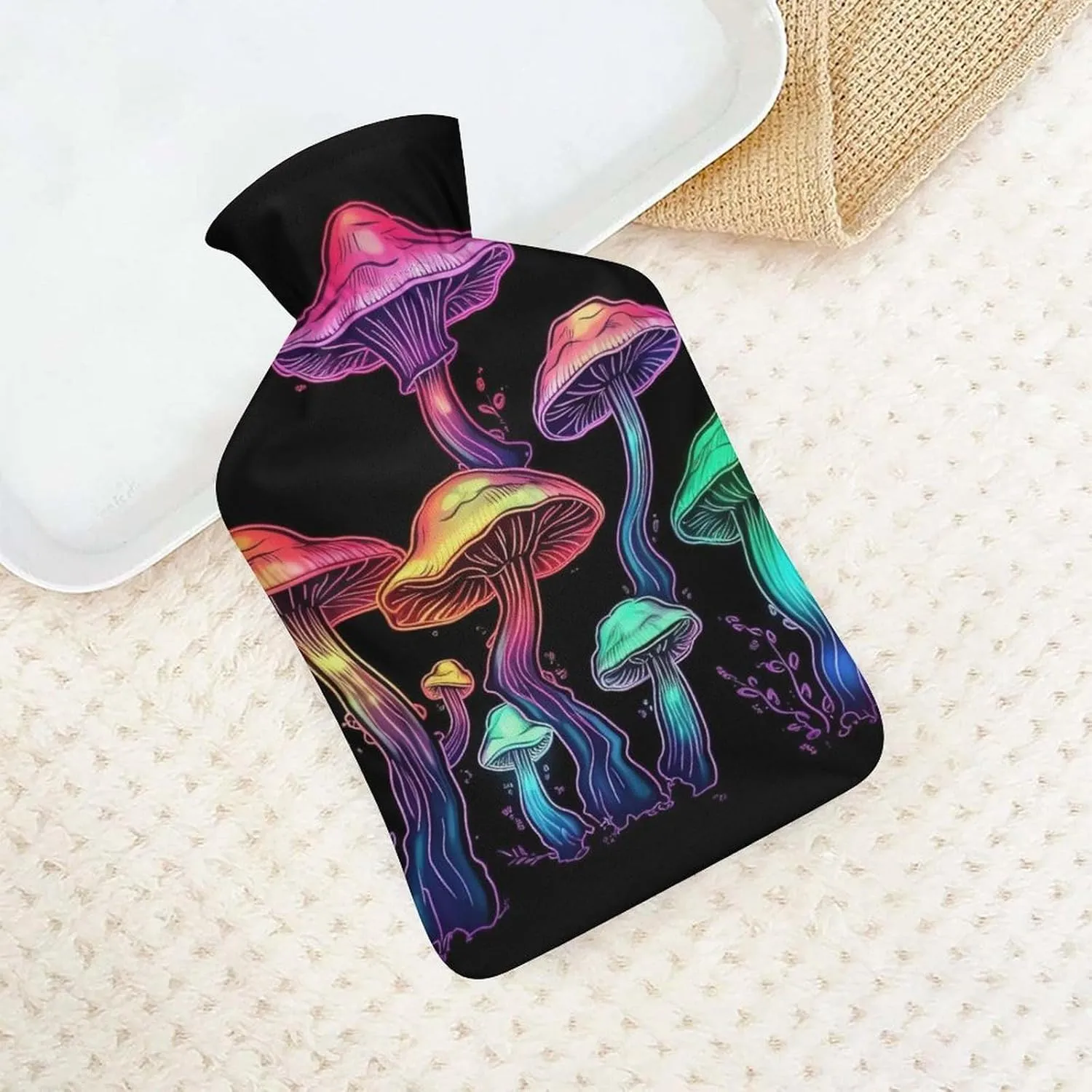 Hot Water Bottle with Soft Cover, Trippy Mushroom 1L Warm Water Bag for Menstrual Cramps, Fungus Neck and Shoulder Pain Relief, Ideal for Hand & Feet Warmer for Kids, Men & Women, Hot & Cold Compress