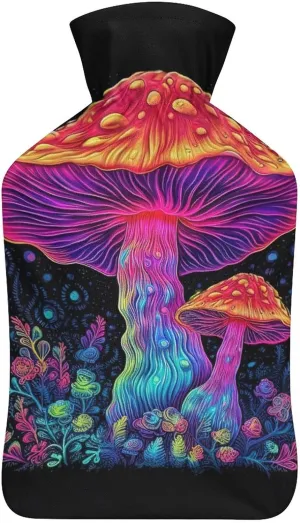 Hot Water Bottle with Soft Cover, Trippy Mushroom 1L Warm Water Bag for Menstrual Cramps, Fungus Neck and Shoulder Pain Relief, Ideal for Hand & Feet Warmer for Kids, Men & Women, Hot & Cold Compress