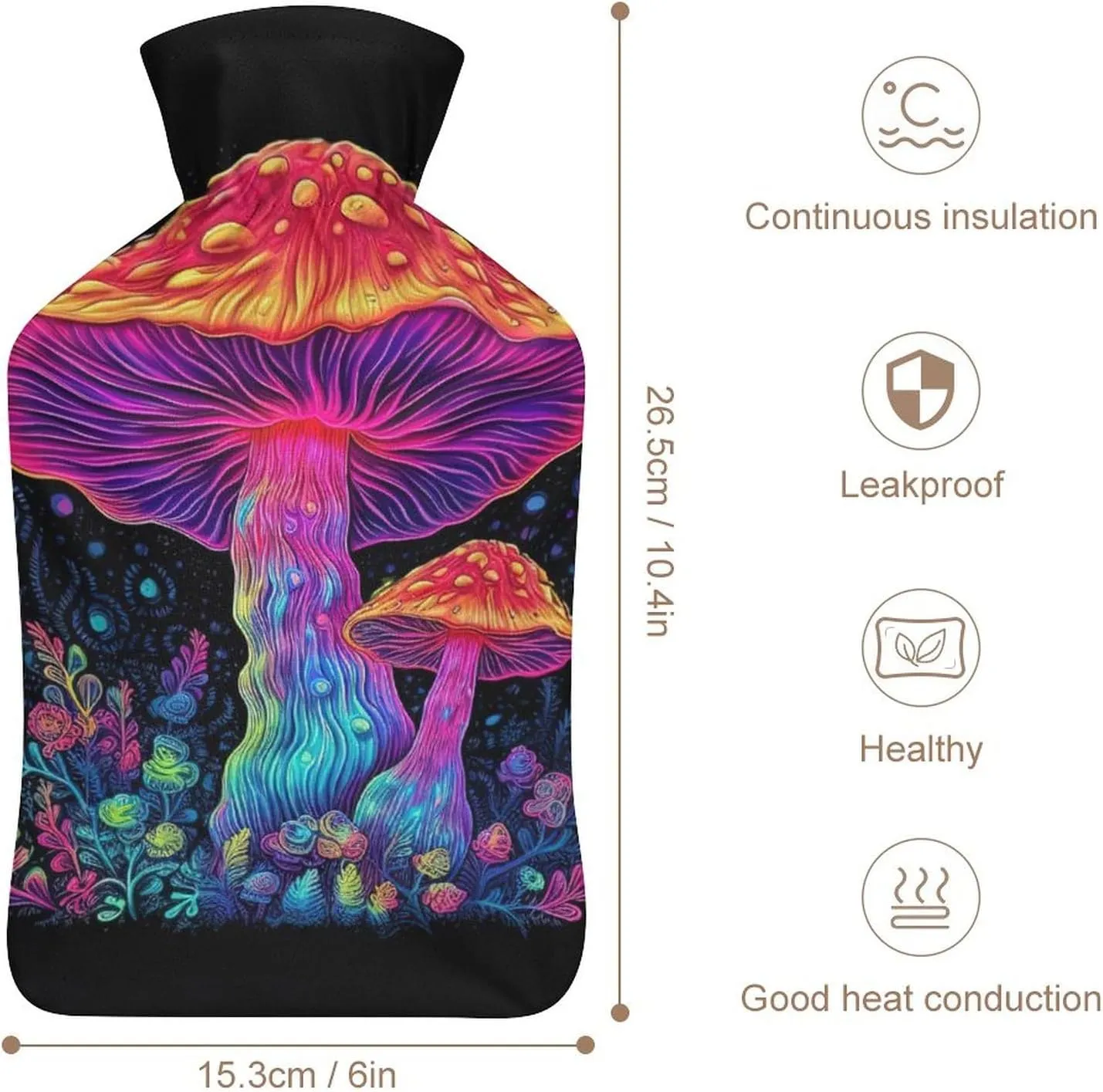 Hot Water Bottle with Soft Cover, Trippy Mushroom 1L Warm Water Bag for Menstrual Cramps, Fungus Neck and Shoulder Pain Relief, Ideal for Hand & Feet Warmer for Kids, Men & Women, Hot & Cold Compress