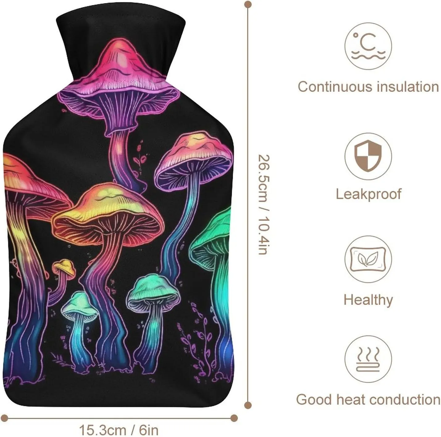 Hot Water Bottle with Soft Cover, Trippy Mushroom 1L Warm Water Bag for Menstrual Cramps, Fungus Neck and Shoulder Pain Relief, Ideal for Hand & Feet Warmer for Kids, Men & Women, Hot & Cold Compress