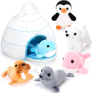 Hungdao 7 Pcs Polar Plush Toys Set Stuffed Polar Bear Walrus Penguin Whale Narwhal Seal Polar Stuffed Animals with Igloo Ocean Animal Plushies for Kids Toddlers Birthday Party Gifts