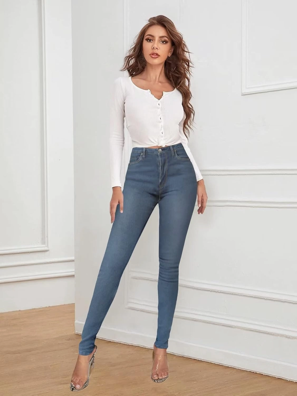 Hybrid & Company Women’s Classic Denim Mid Rise Skinny Jeans Super Stretch Pants