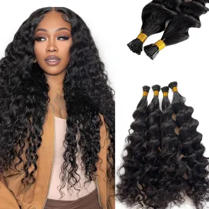 I Tip Hair Extensions Human Hair Deep Wave Curly I Tip Extensions 18 Inch Natural Black Keratin Tip Extensions Real Human Hair 50 Strands 50Grams Deep Curly Microlink with Beads for Black Women