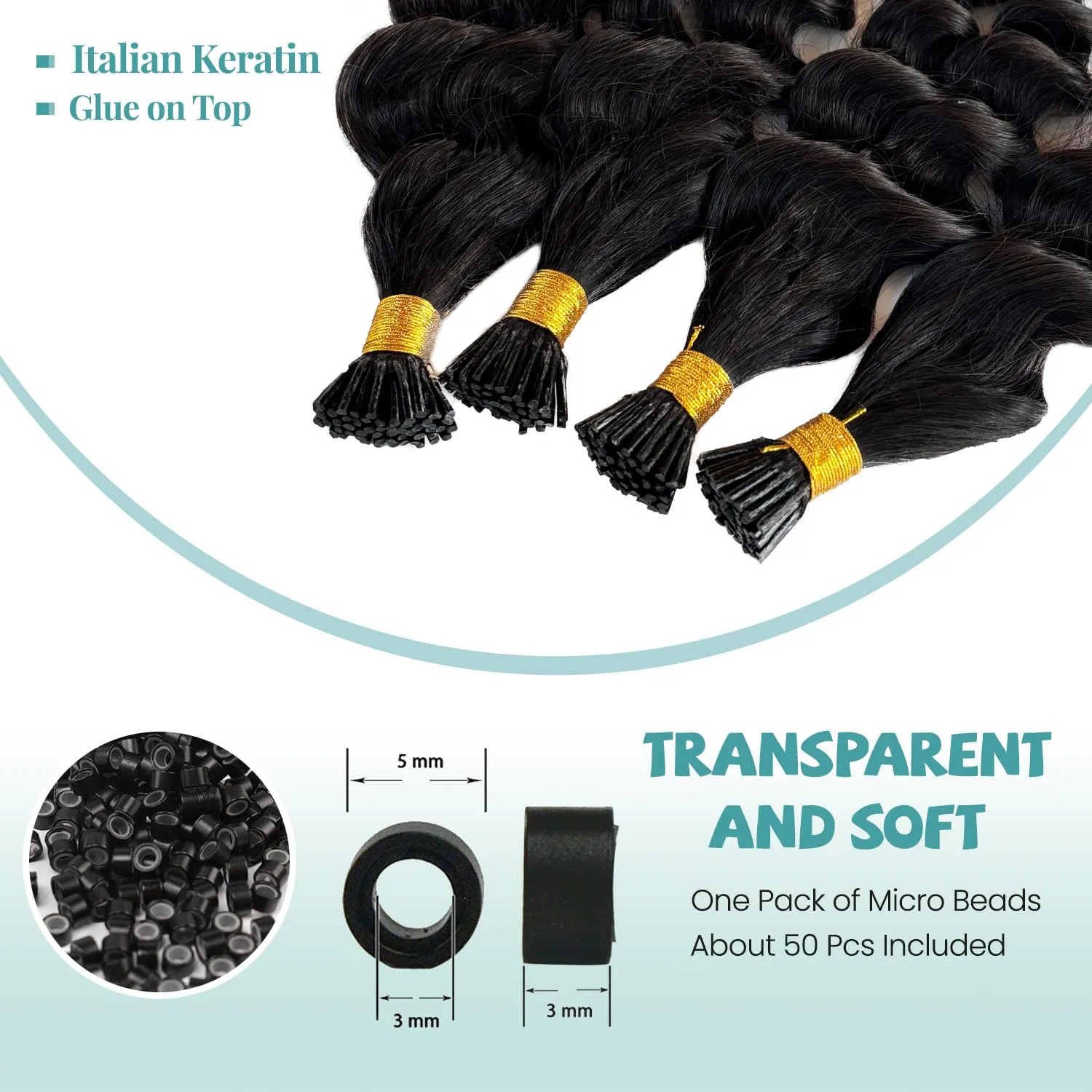 I Tip Hair Extensions Human Hair Deep Wave Curly I Tip Extensions 18 Inch Natural Black Keratin Tip Extensions Real Human Hair 50 Strands 50Grams Deep Curly Microlink with Beads for Black Women