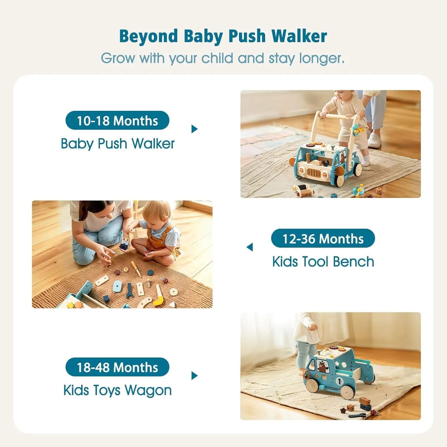 IEATFO Wooden Baby Walker Adjustable Height with Tool Bench and Toy Storage Wagon - Multifunctional Toddler Push Walker Ergonomically Designed for Natural Walking - 3  Years of Continuous Use