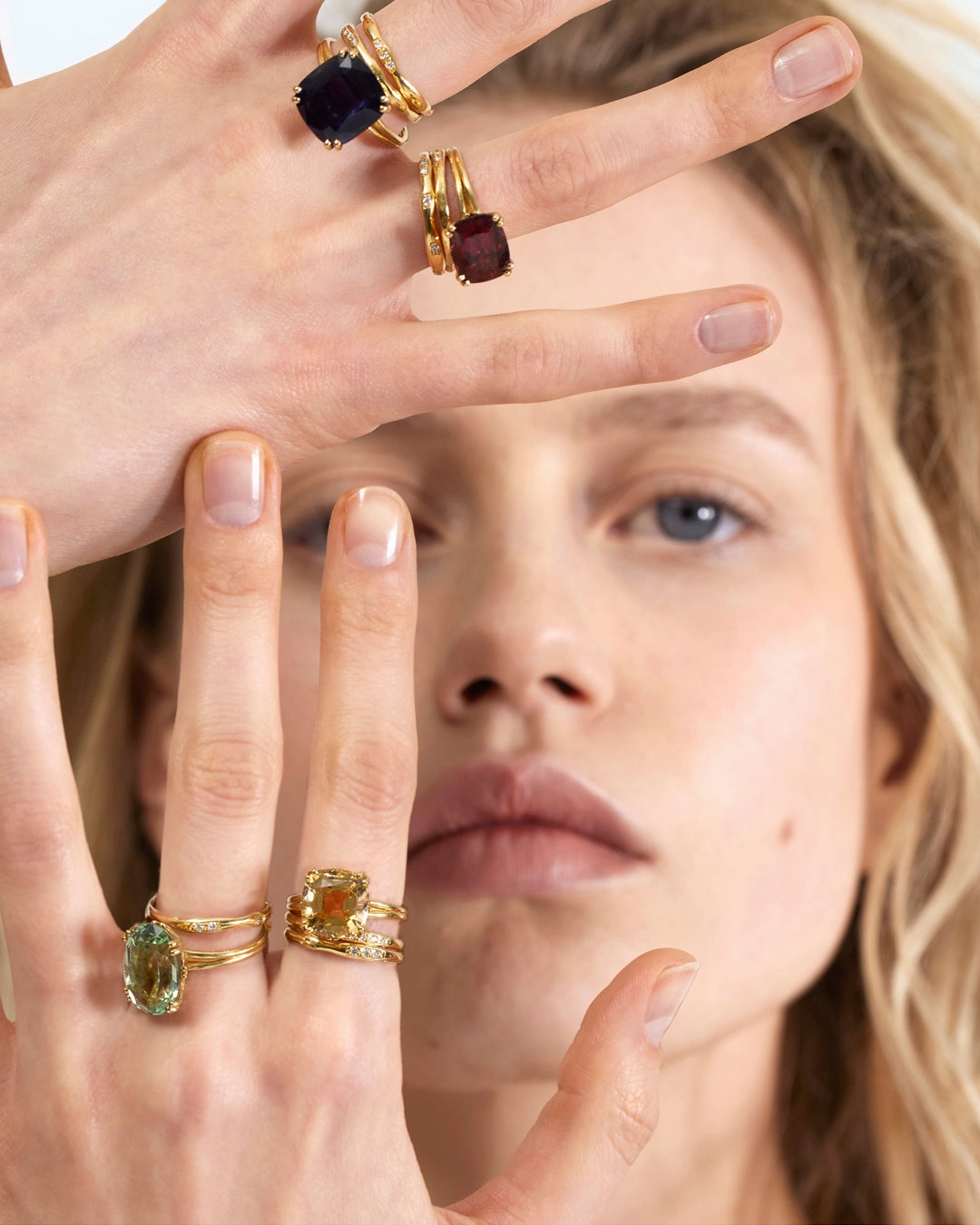 Iolite cocktail ring   set of three stacked organic rings with white diamonds in 18 ct. gold