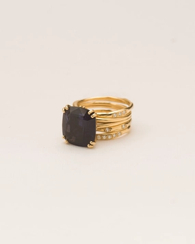 Iolite cocktail ring   set of three stacked organic rings with white diamonds in 18 ct. gold
