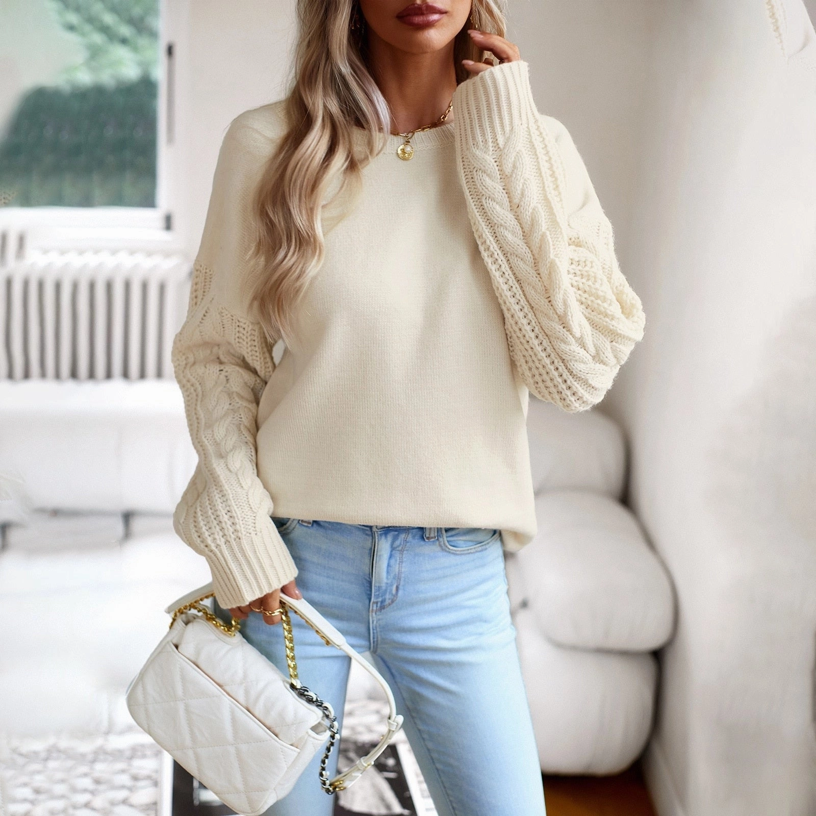 Ivory Women's Lightweight Cable Knit Sweater - Stylish Fall Pullover