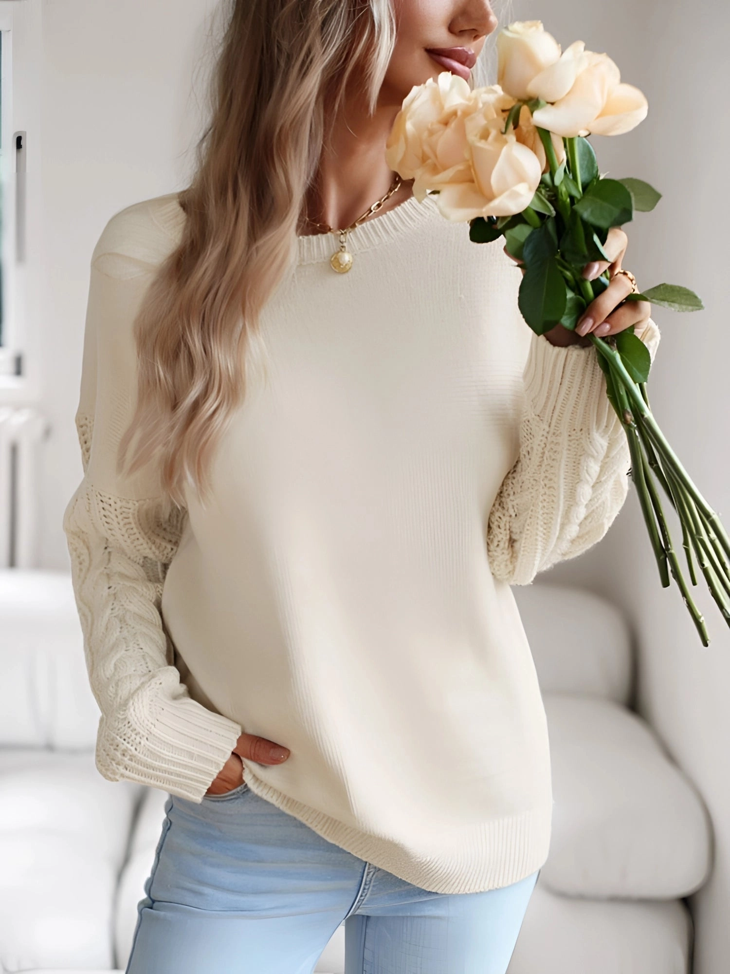 Ivory Women's Lightweight Cable Knit Sweater - Stylish Fall Pullover