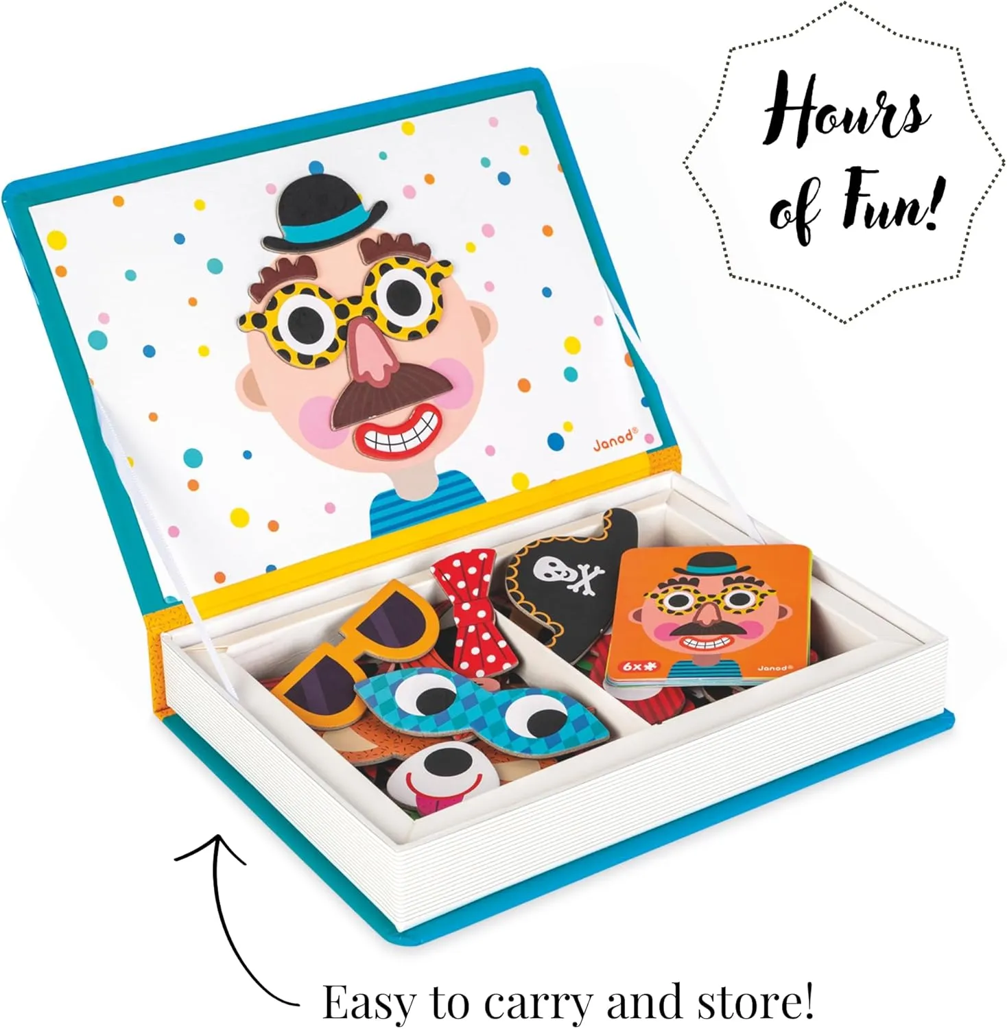 Janod Magnetibook 83 Pc Magnetic Boy Crazy Face Dress Up Game for Imagination Play - Book Shaped Travel/Storage Case Included - S.T.E.M. Toy for Ages 3 