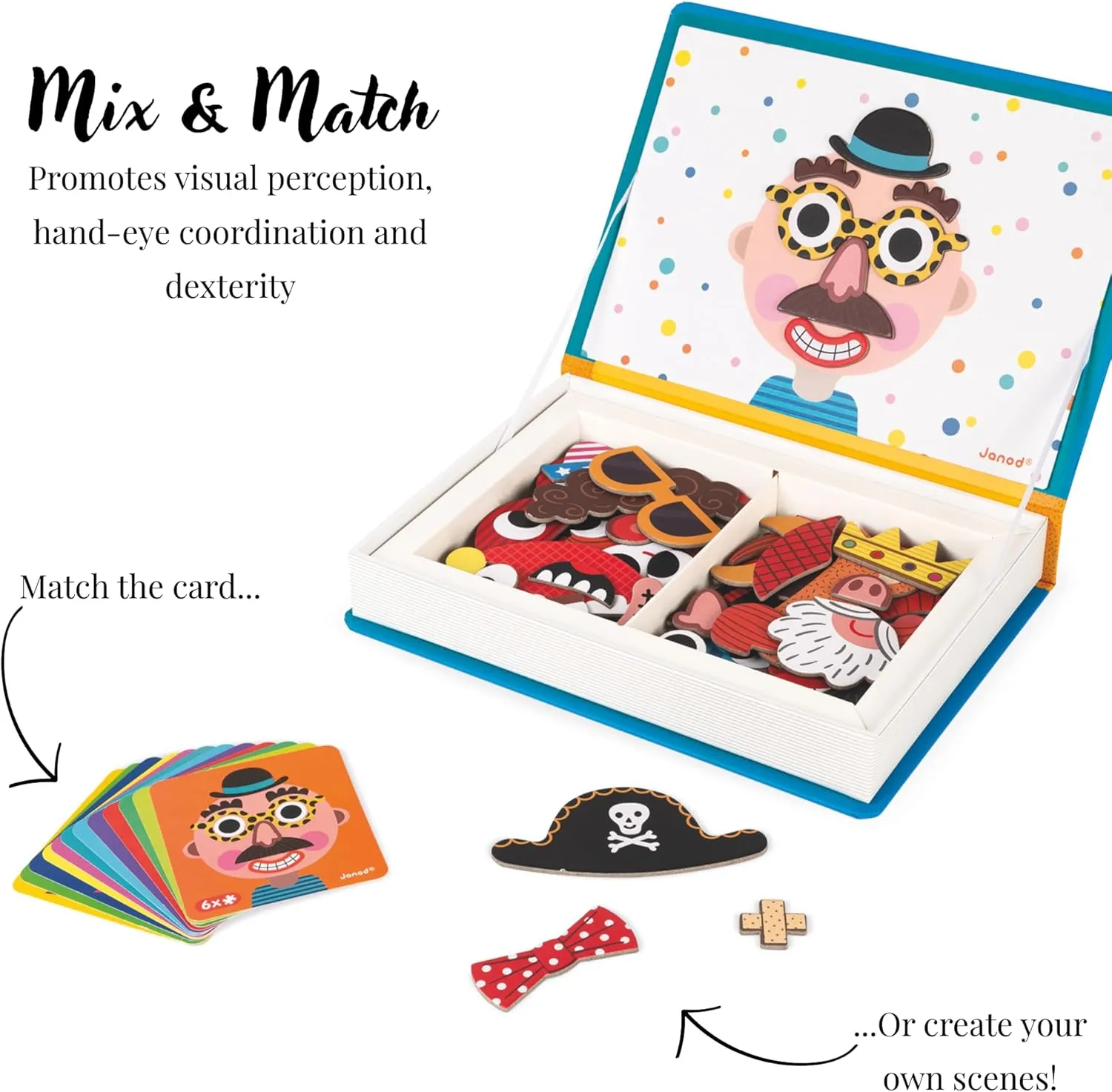 Janod Magnetibook 83 Pc Magnetic Boy Crazy Face Dress Up Game for Imagination Play - Book Shaped Travel/Storage Case Included - S.T.E.M. Toy for Ages 3 