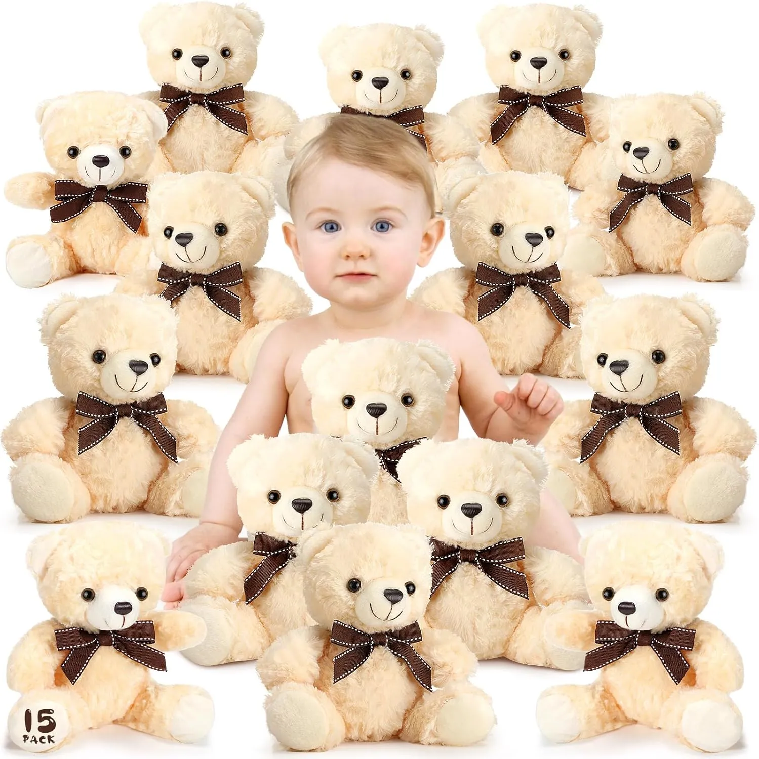 Jenaai 15 Pcs Teddy Bear Stuffed Animal, 8 Inch Teddy Bears, Soft Cute Bears Plush Peluches for Baby Shower Decorations Party Gift Kid Toys Birthday Christmas Valentine(Light Brown)