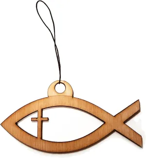 Jesus Fish Christian Laser Engraved Light Wooden Rear View Mirror Car Charm Dangler
