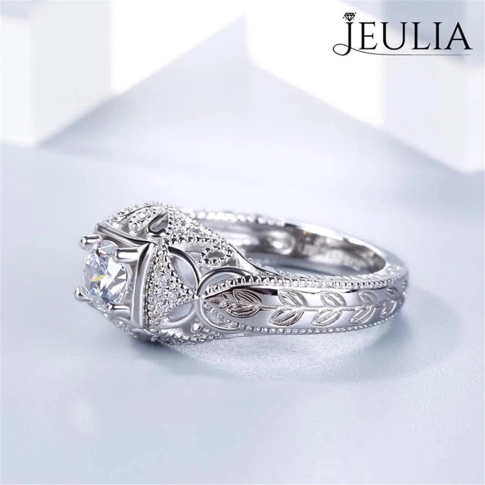 Jeulia Vintage Rings 925 Sterling Silver Round Cut Solitair Diamond Ring Wedding Engagement Statement Ring Band Anniversary Promise Bridal Set with Gift Box