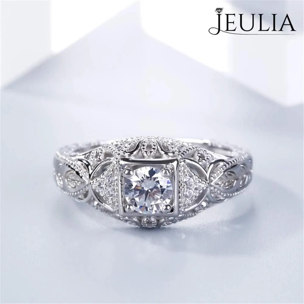 Jeulia Vintage Rings 925 Sterling Silver Round Cut Solitair Diamond Ring Wedding Engagement Statement Ring Band Anniversary Promise Bridal Set with Gift Box