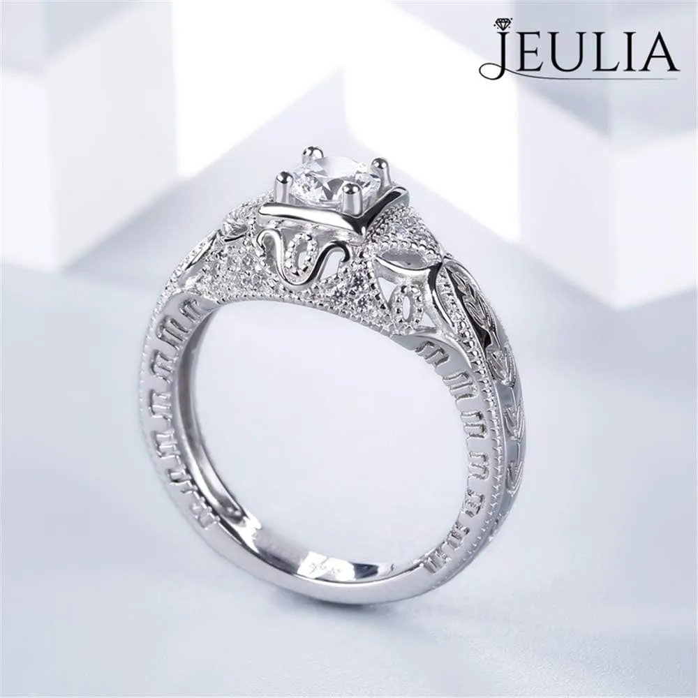 Jeulia Vintage Rings 925 Sterling Silver Round Cut Solitair Diamond Ring Wedding Engagement Statement Ring Band Anniversary Promise Bridal Set with Gift Box