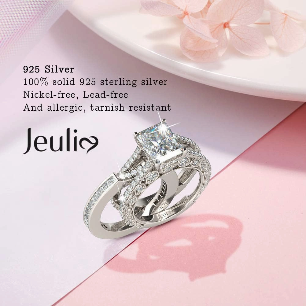 Jeulia Engagement Wedding Ring Set for Women 925 Silver 5.2 Carat Radiant Cut Cubic Zirconia Promise Anniversary Rings with Side Stones…