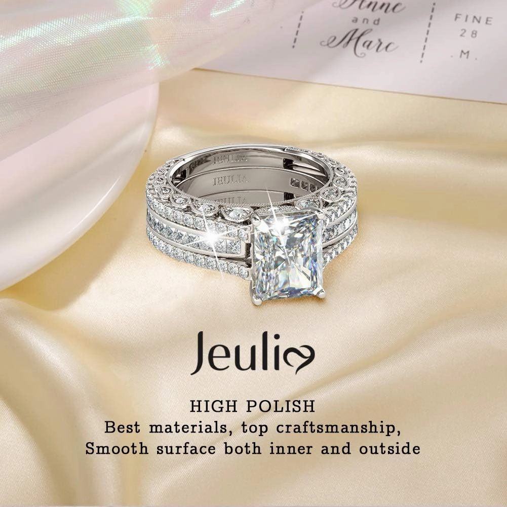 Jeulia Engagement Wedding Ring Set for Women 925 Silver 5.2 Carat Radiant Cut Cubic Zirconia Promise Anniversary Rings with Side Stones…