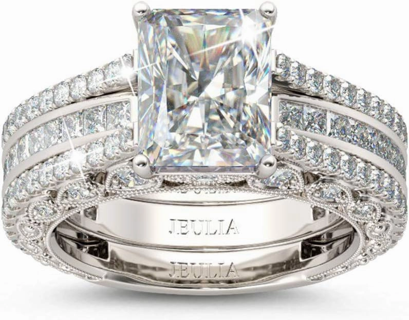 Jeulia Engagement Wedding Ring Set for Women 925 Silver 5.2 Carat Radiant Cut Cubic Zirconia Promise Anniversary Rings with Side Stones…