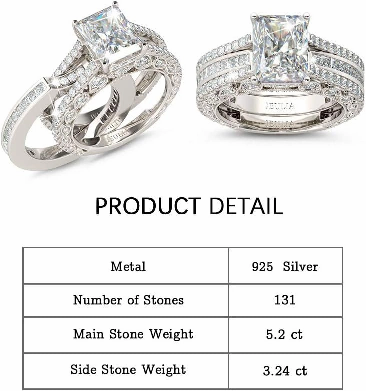 Jeulia Engagement Wedding Ring Set for Women 925 Silver 5.2 Carat Radiant Cut Cubic Zirconia Promise Anniversary Rings with Side Stones…