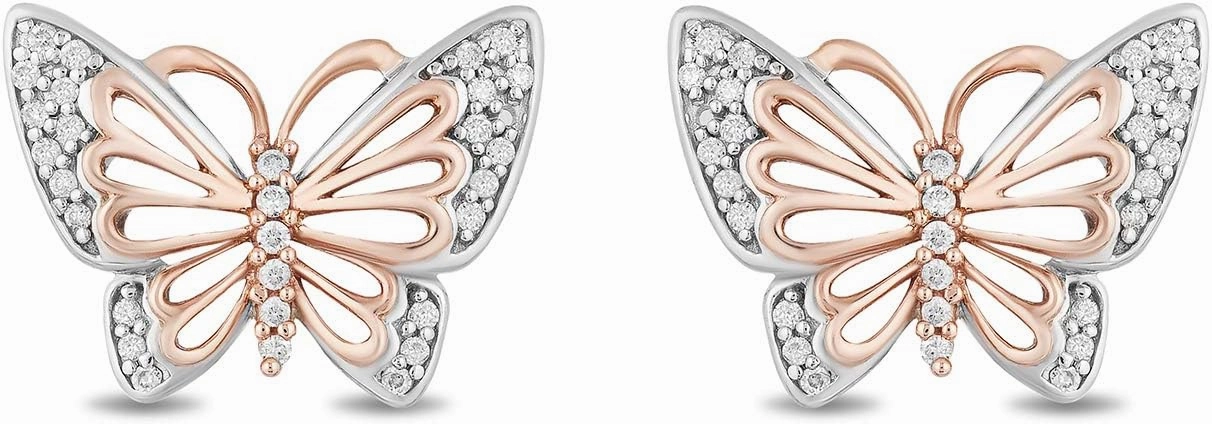 Jewelili Enchanted Disney Fine Jewelry 10K rose gold and sterling silver 1/10 cttw natural white round diamond butterfly mulan butterfly earrings