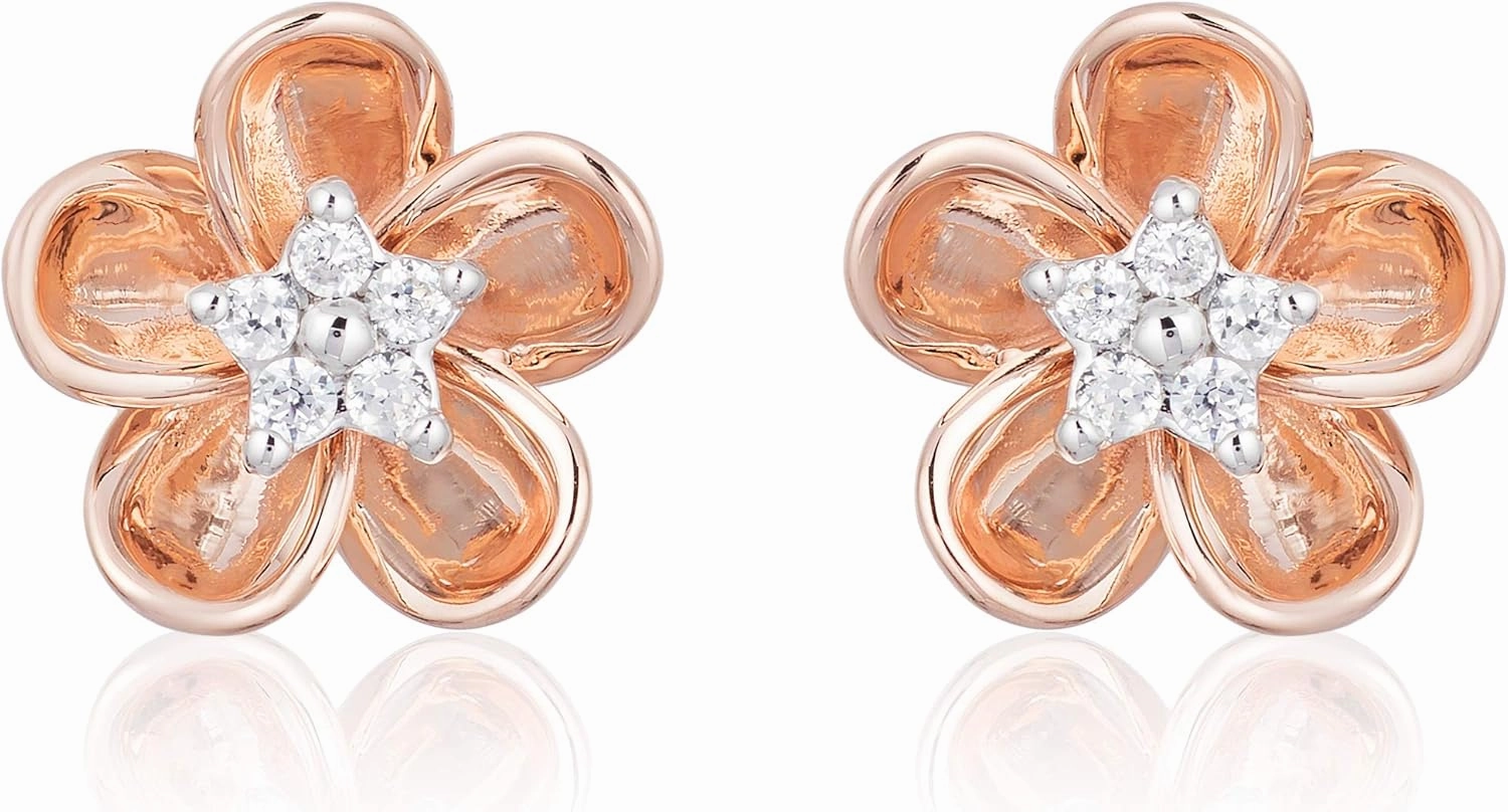 Jewelili Enchanted Disney Fine Jewelry 10K Rose Gold and Sterling Silver 1/15 Cttw Natural White Round Diamond Plum Blossom Mulan Earrings