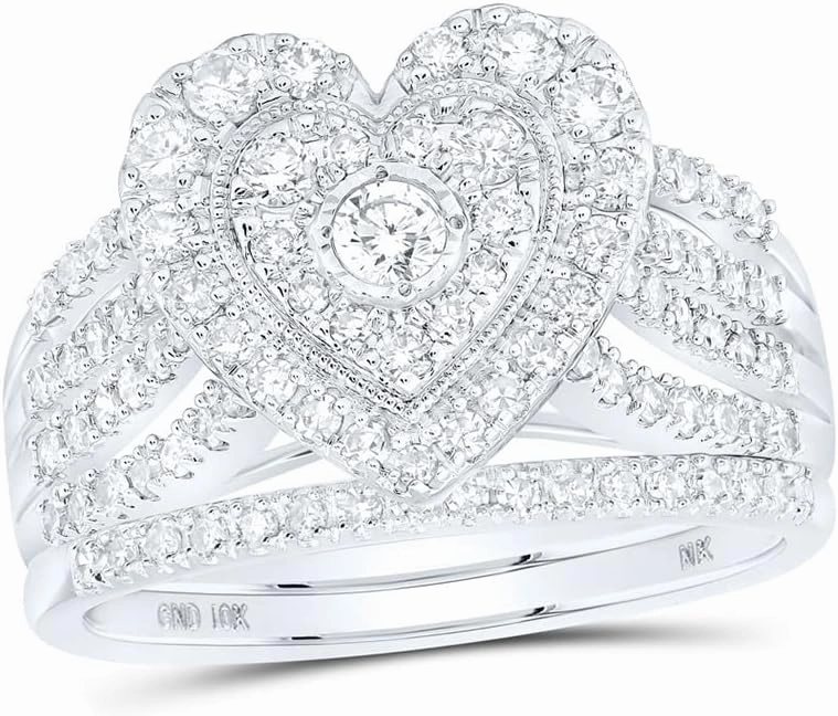 Jewels By Lux 10K Yellow Or White Or Rose Gold Round Diamond Heart Bridal Wedding Ring Band Set, Womens Size: 5-10