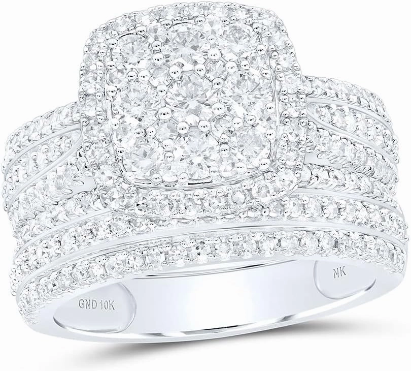 Jewels By Lux 10K Yellow Or White Or Rose Gold Round Diamond Square Cluster Bridal Wedding Ring Band Set 1-1/2 Cttw, Womens Size: 5-10