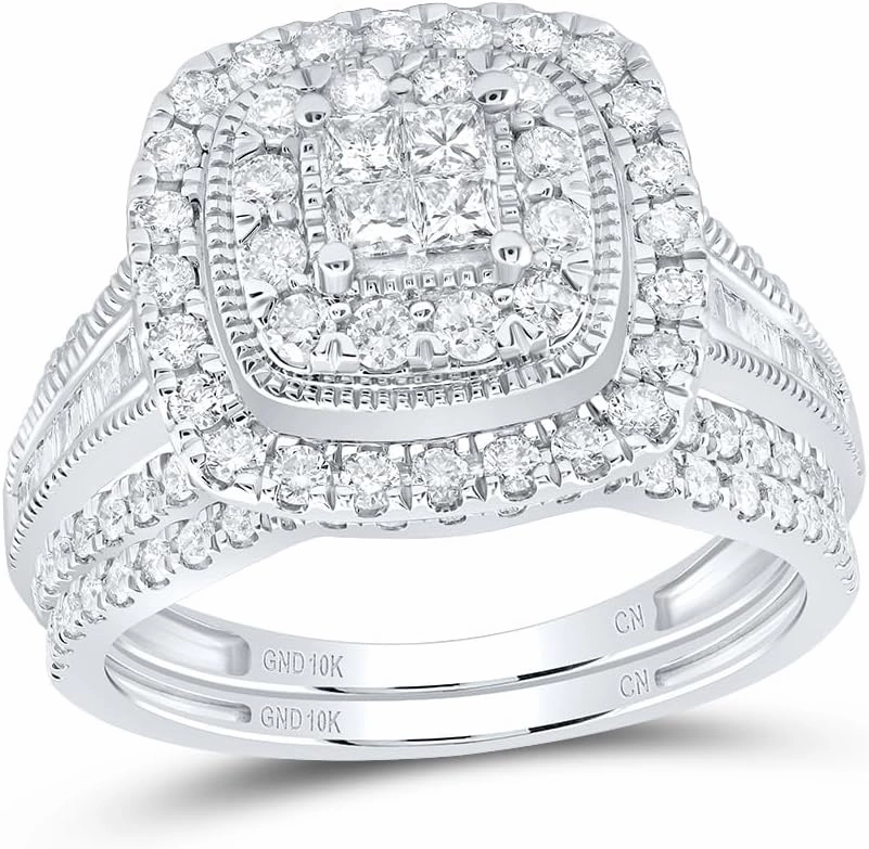 Jewels By Lux 10kt White Gold 1 Cttw Natural Diamond Cushion Double Halo Wedding Engagement Anniversary Bridal Set, Women Size: 5-9