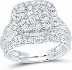 Jewels By Lux 10kt White Gold 1 Cttw Natural Diamond Cushion Double Halo Wedding Engagement Anniversary Bridal Set, Women Size: 5-9