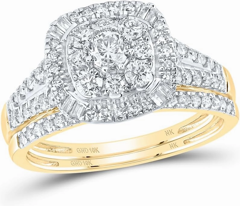 Jewels By Lux 10kt Yellow Gold 1 Cttw Natural Diamond and 1/5 Cttw Round Duoble Halo Wedding Engagement Anniversary Bridal Set, Women Size: 5-9