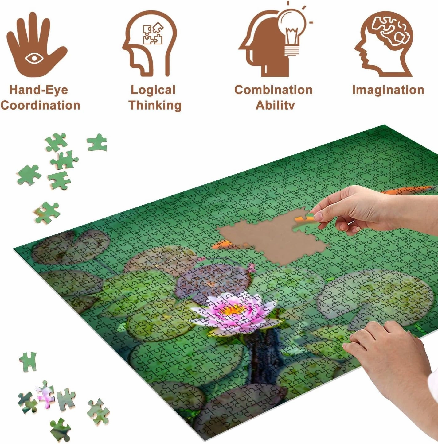 Jigsaw Puzzles 1000 Pieces for Adult Pink Water Lily koi carp Puzzle Game for Family Wooden Puzzle Toy Educational Games Puzzles for Home Decor