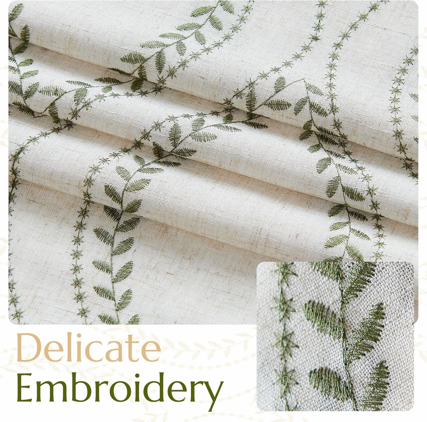 jinchan Boho Linen Blend Curtains Beige Spring Farmhouse Curtains 84 Inches Long Green Embroidered Leaf Living Room Ogee Geometry Drapes Light Filtering Grommet Country Drapes 2 Panels Green on Flax