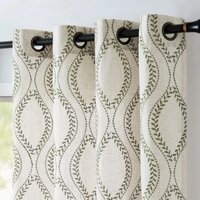 jinchan Boho Linen Blend Curtains Beige Spring Farmhouse Curtains 84 Inches Long Green Embroidered Leaf Living Room Ogee Geometry Drapes Light Filtering Grommet Country Drapes 2 Panels Green on Flax