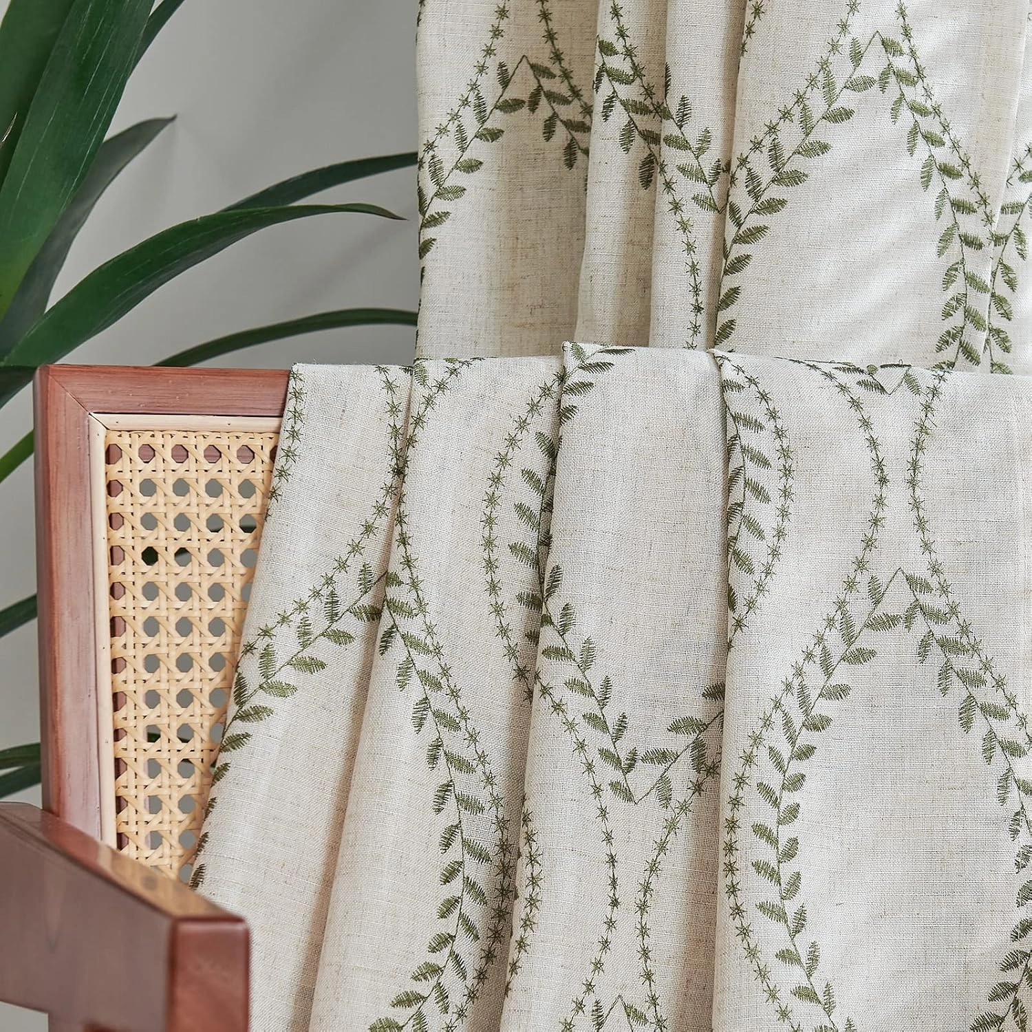 jinchan Boho Linen Blend Curtains Beige Spring Farmhouse Curtains 84 Inches Long Green Embroidered Leaf Living Room Ogee Geometry Drapes Light Filtering Grommet Country Drapes 2 Panels Green on Flax