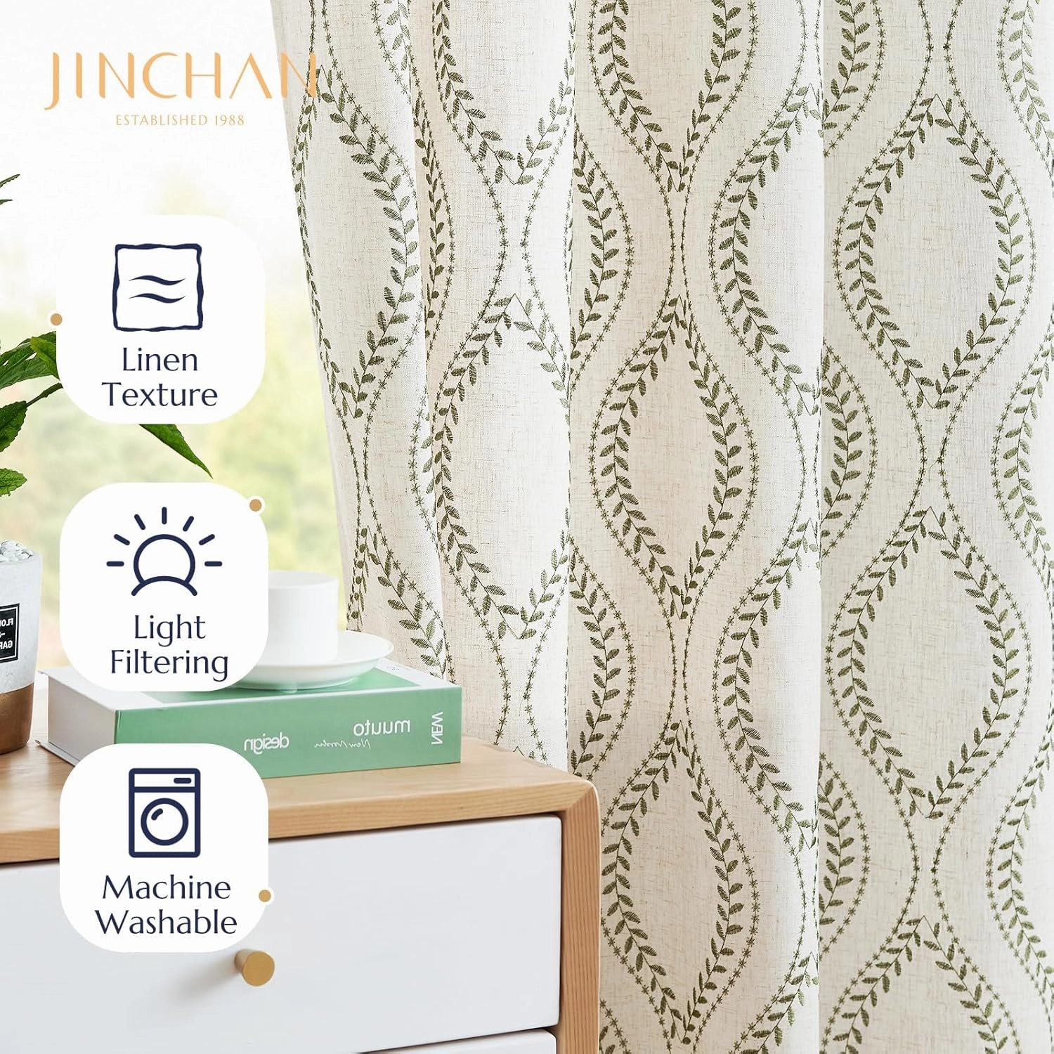jinchan Boho Linen Blend Curtains Beige Spring Farmhouse Curtains 84 Inches Long Green Embroidered Leaf Living Room Ogee Geometry Drapes Light Filtering Grommet Country Drapes 2 Panels Green on Flax