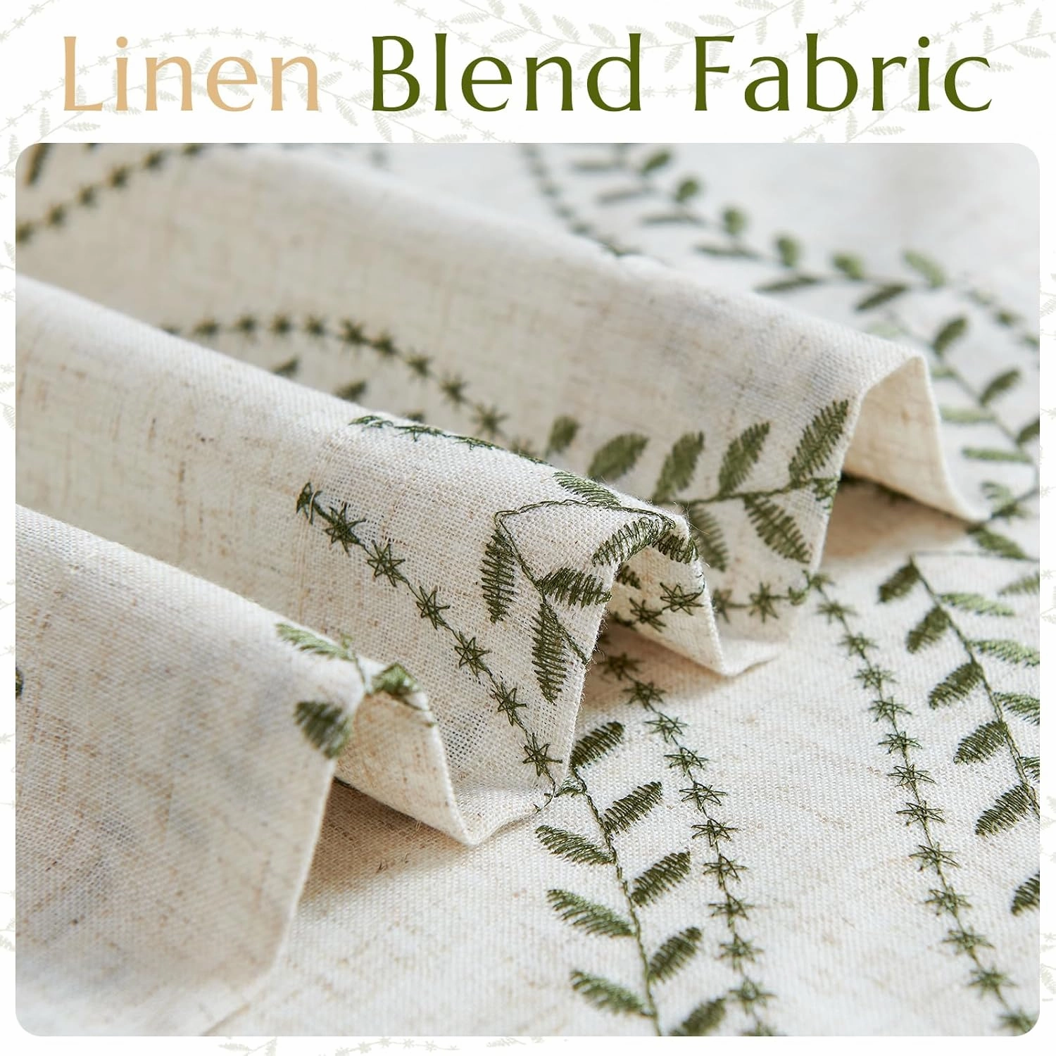jinchan Boho Linen Blend Curtains Beige Spring Farmhouse Curtains 84 Inches Long Green Embroidered Leaf Living Room Ogee Geometry Drapes Light Filtering Grommet Country Drapes 2 Panels Green on Flax
