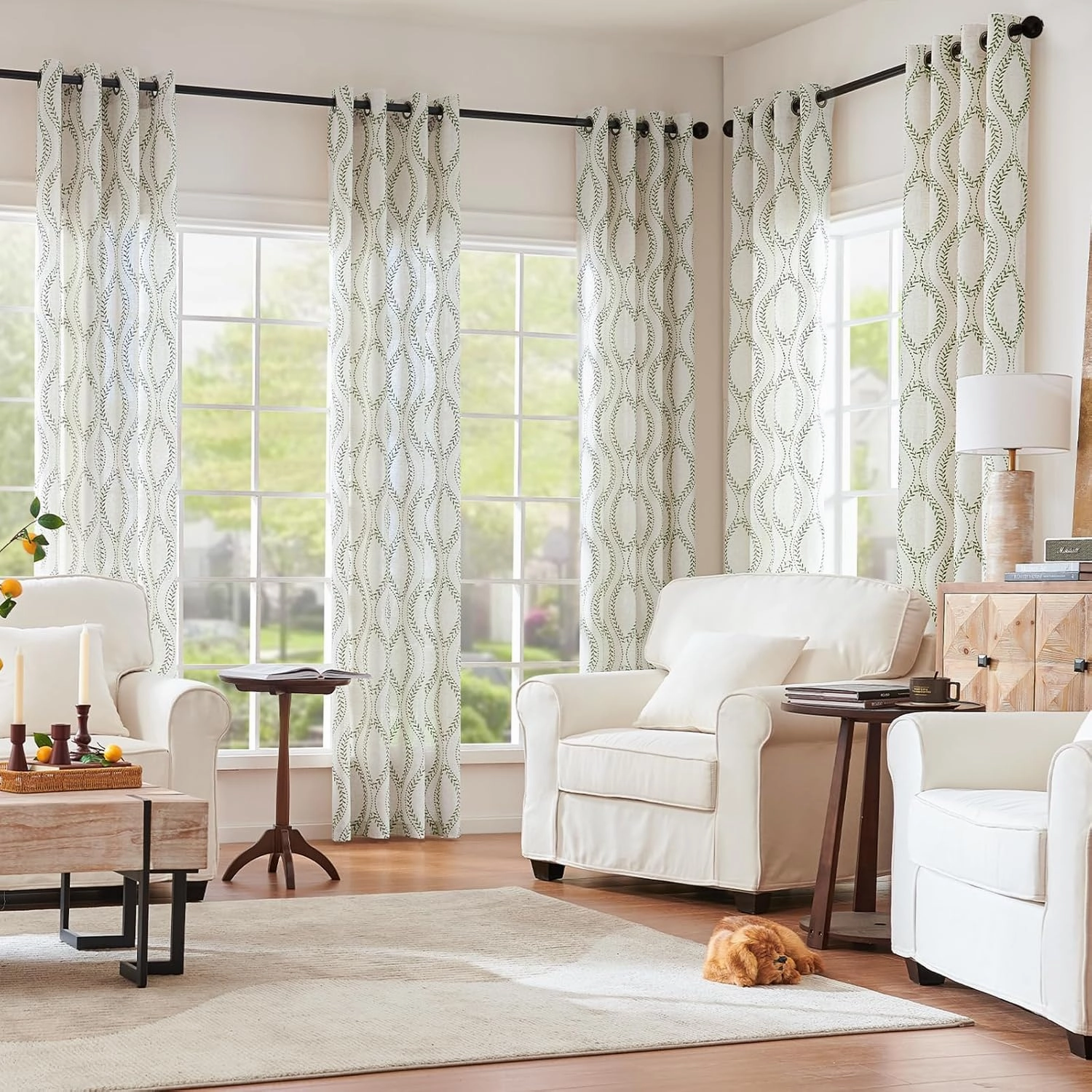 jinchan Boho Linen Blend Curtains Beige Spring Farmhouse Curtains 84 Inches Long Green Embroidered Leaf Living Room Ogee Geometry Drapes Light Filtering Grommet Country Drapes 2 Panels Green on Flax