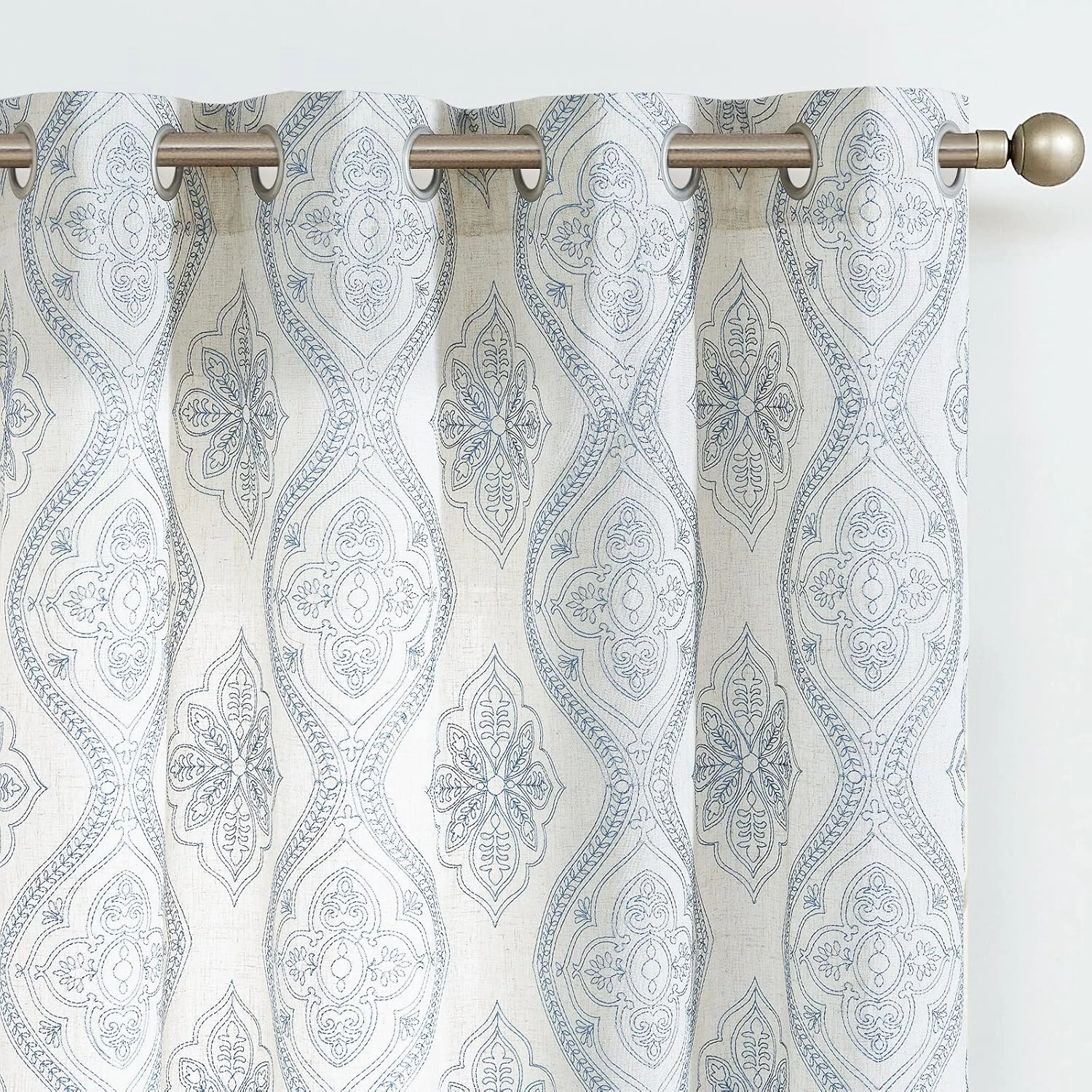 jinchan Boho Linen Curtains for Living Room Embroidered Design Window Curtains Light Filtering Flax Linen Blend Window Treatments Set for Bedroom Grommet Top 2 Panels 84 Inch Length Blue on Ecru