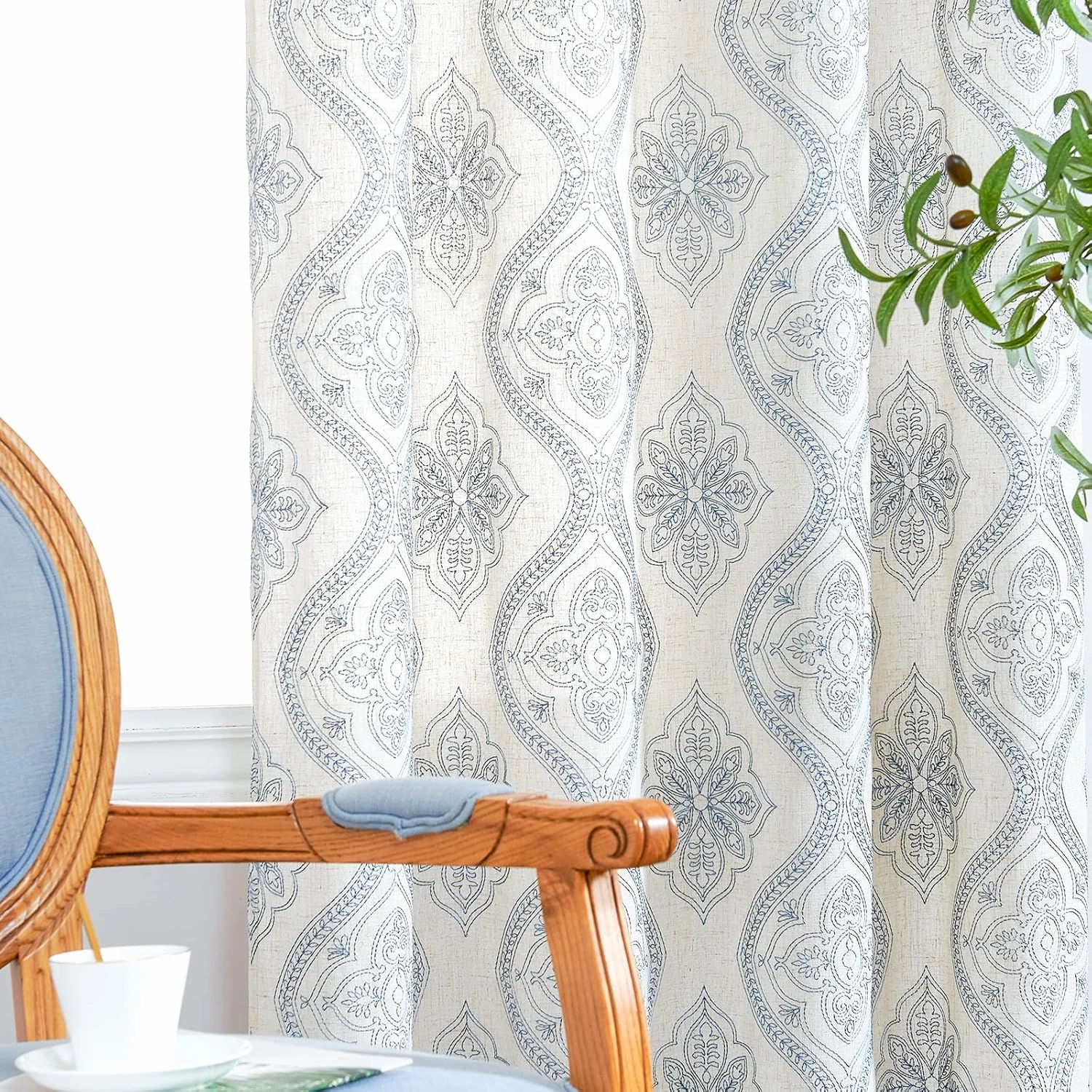 jinchan Boho Linen Curtains for Living Room Embroidered Design Window Curtains Light Filtering Flax Linen Blend Window Treatments Set for Bedroom Grommet Top 2 Panels 84 Inch Length Blue on Ecru