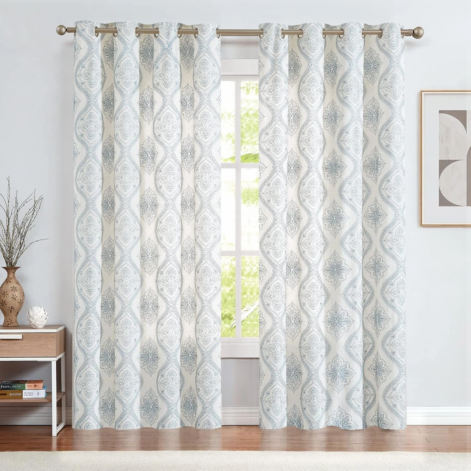 jinchan Boho Linen Curtains for Living Room Embroidered Design Window Curtains Light Filtering Flax Linen Blend Window Treatments Set for Bedroom Grommet Top 2 Panels 84 Inch Length Blue on Ecru