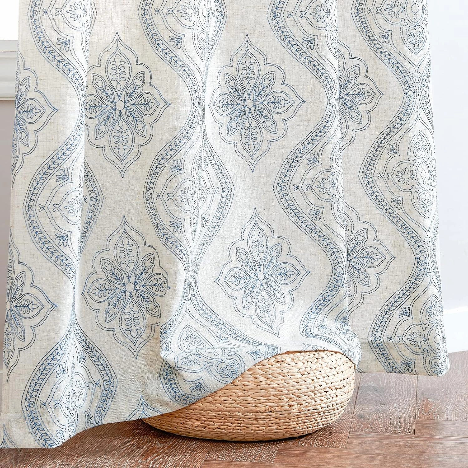 jinchan Boho Linen Curtains for Living Room Embroidered Design Window Curtains Light Filtering Flax Linen Blend Window Treatments Set for Bedroom Grommet Top 2 Panels 84 Inch Length Blue on Ecru
