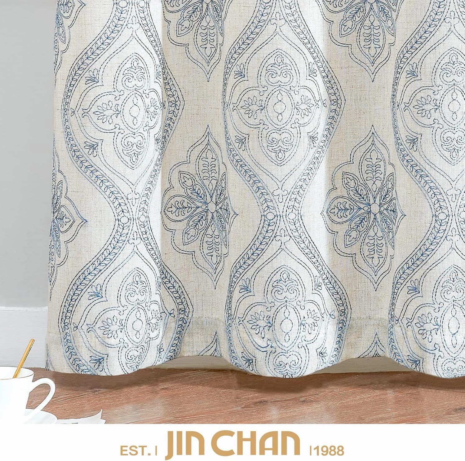 jinchan Boho Linen Curtains for Living Room Embroidered Design Window Curtains Light Filtering Flax Linen Blend Window Treatments Set for Bedroom Grommet Top 2 Panels 84 Inch Length Blue on Ecru