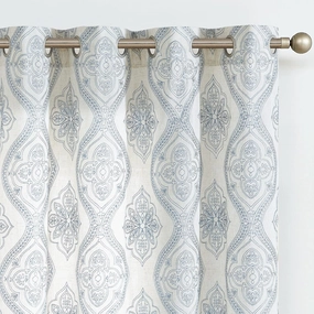 jinchan Boho Linen Curtains for Living Room Embroidered Design Window Curtains Light Filtering Flax Linen Blend Window Treatments Set for Bedroom Grommet Top 2 Panels 84 Inch Length Blue on Ecru