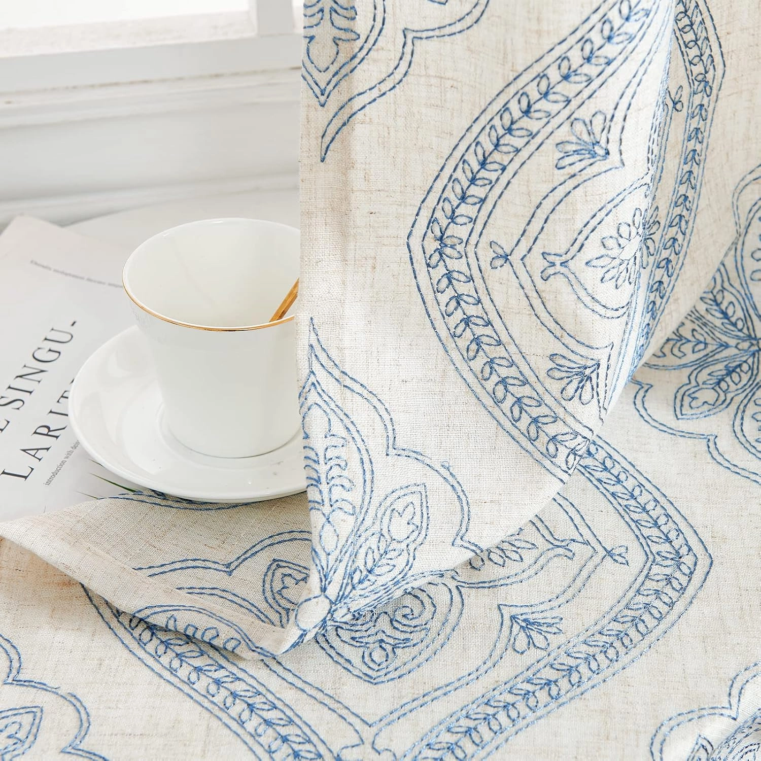 jinchan Boho Linen Curtains for Living Room Embroidered Design Window Curtains Light Filtering Flax Linen Blend Window Treatments Set for Bedroom Grommet Top 2 Panels 84 Inch Length Blue on Ecru