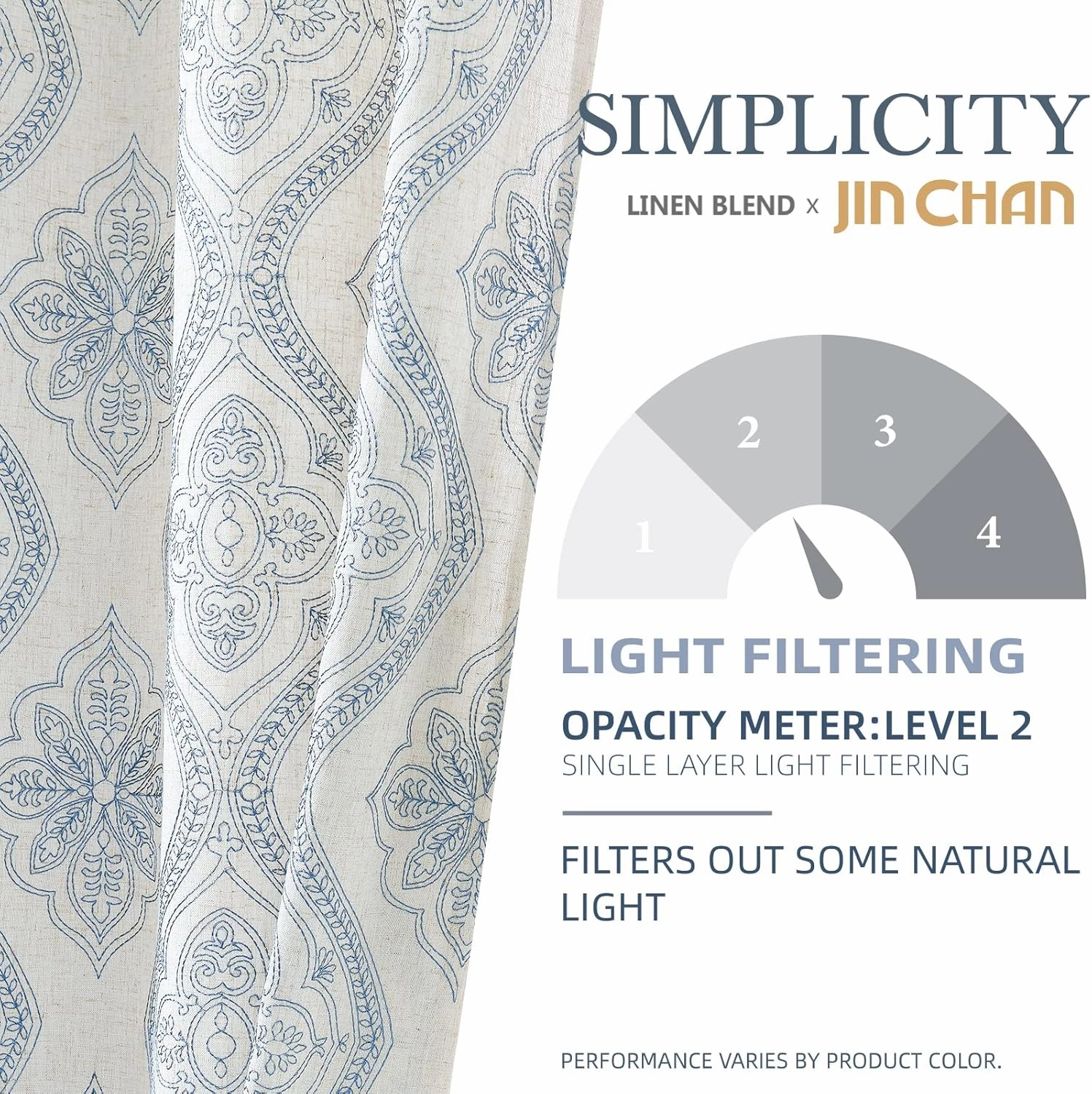 jinchan Boho Linen Curtains for Living Room Embroidered Design Window Curtains Light Filtering Flax Linen Blend Window Treatments Set for Bedroom Grommet Top 2 Panels 84 Inch Length Blue on Ecru