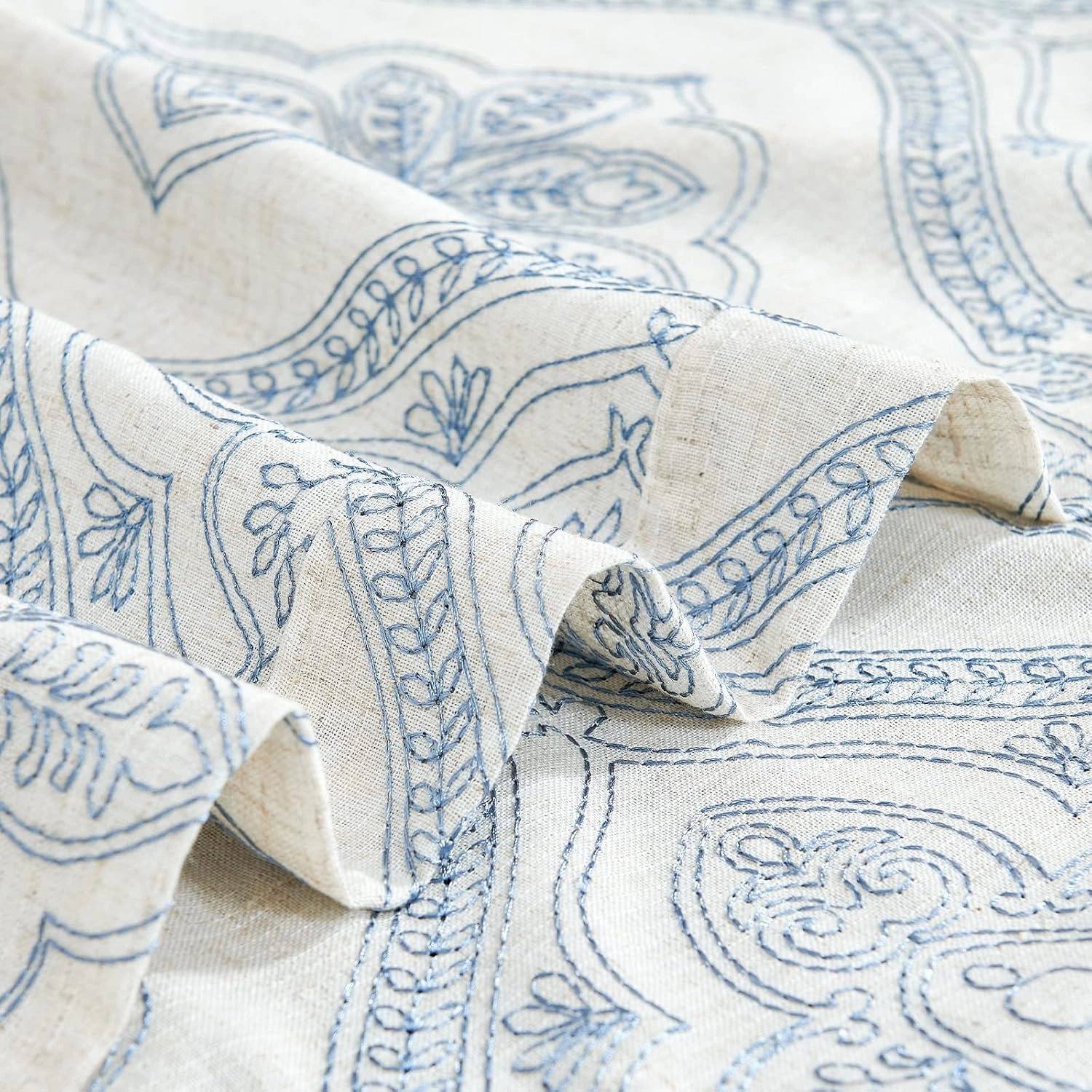 jinchan Boho Linen Curtains for Living Room Embroidered Design Window Curtains Light Filtering Flax Linen Blend Window Treatments Set for Bedroom Grommet Top 2 Panels 84 Inch Length Blue on Ecru