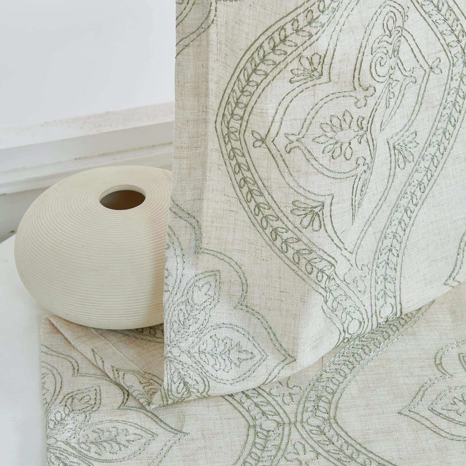 jinchan Boho Linen Curtains for Living Room Embroidered Design Window Curtains Light Filtering Flax Linen Blend Window Treatments Set for Bedroom Grommet Top 2 Panels 84 Inch Length Green on Ecru